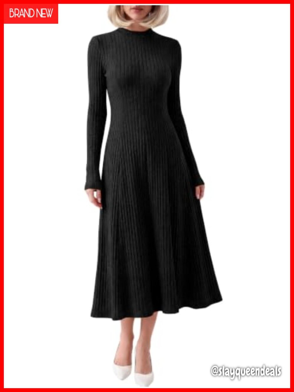 Ribbed Knit Mock Neck Long Sleeve Midi Dress Slim Fit A-Line Pull On